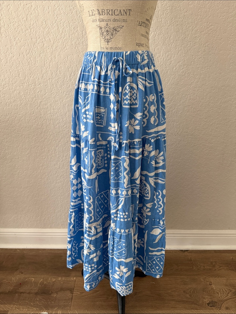 Blu Pepper Blue & White Tiered Printed Maxi Skirt